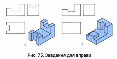 3.Користуючись наочними зображеннями предметів (рис.75). доповнiть проекції необхідними лініями. 3.П