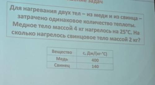 для нагревания двух тел из меди и из свинца затрачено одинаковое количество теплоты медное тело масс