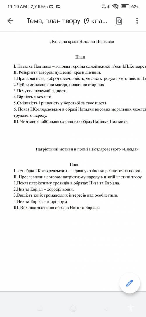 Твір за творчістю І. П. Котляревського План: