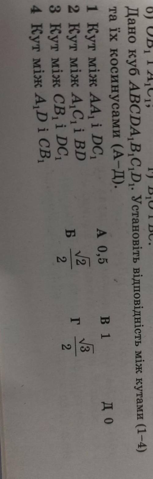 Дано куб ABCDA,B,C,D,. Установіть відповідність між кутами (1-4) та їх косинусами (А-Д).
