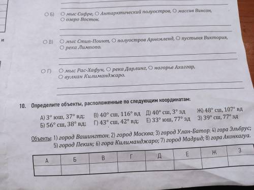 Определите объекты, расположенные по следующим координатам: А) 3º юш, 37° вд; B) 40° сш, 116° вд Д)