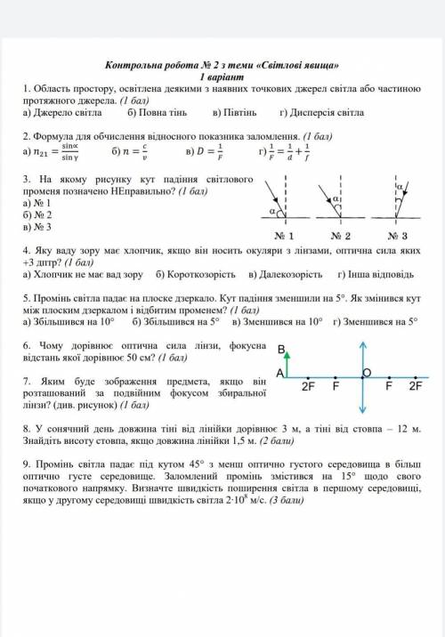 Контрольна Робота з теми Світлові явища