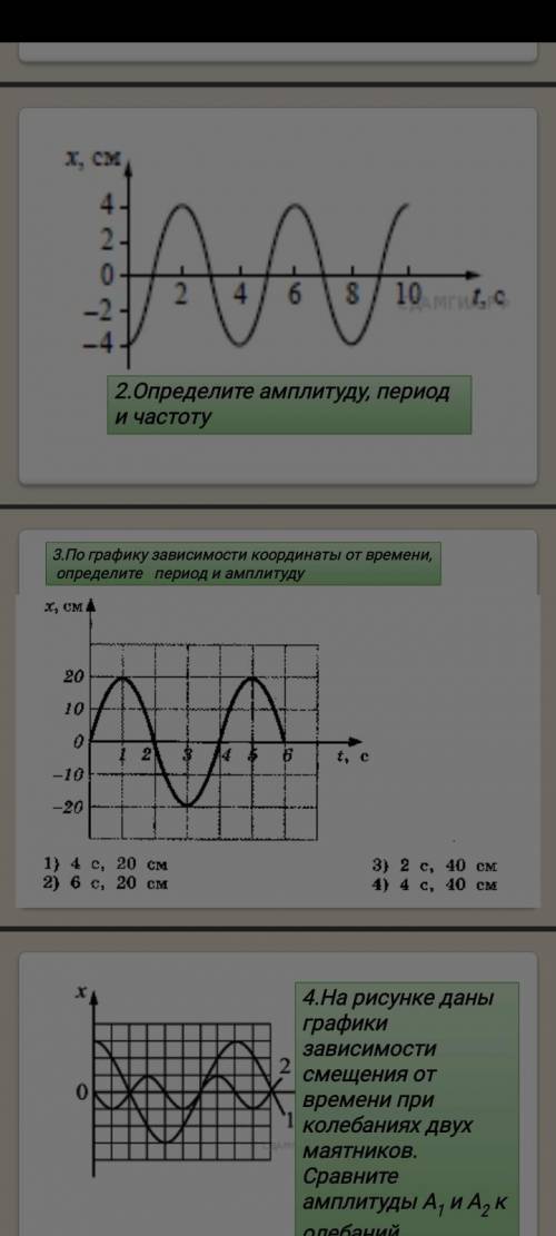 Определите амплитуду, период и частоту. (2 и 3 задание