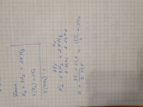 В процессе синтеза аммиака (N2 + H2 = NH3) вступило в реакцию 75 л водорода. Какой объем (в литрах)