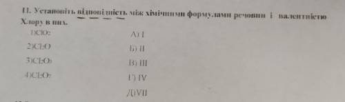 11. Установіть відповідність між хімічними формулами речовин і валентністю Хлору в них. 1)СІО2 А) |