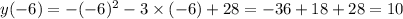 y( - 6) = - ( - 6)^{2} - 3 \times ( - 6) + 28 = - 36 + 18 + 28 =10