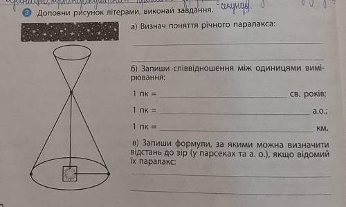 з Доповни рисунок літерами, виконай завдання. а) Визнач поняття річного паралакса: б) Запиши співвід