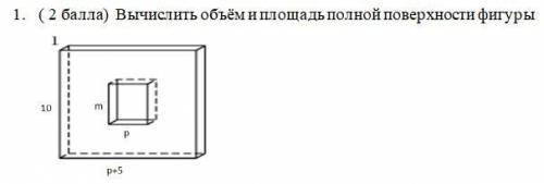 Вычислить объём и площадь полной поверхности фигуры За m взять 2, за p 5