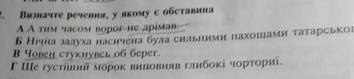 2. Визначте речення, у якому є обставина АА тим часом ворог не дрімав. Б Нічна задуха насичена була