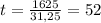 t = \frac{1625 }{31,25} = 52