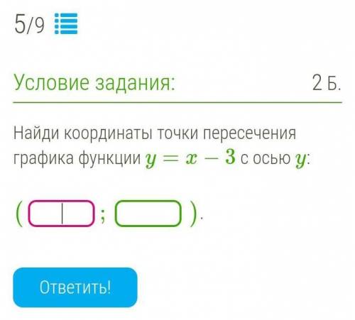 Найди координаты точки пересечения графика функции y=x−3 с осью y:    (;). ответить