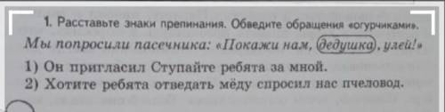 1. Расставьте знаки препинания. Обведите обращения «огурчиками». Мы попросили пасечника: «Покажи нам