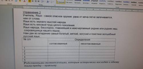 мне очень надо В таблицу из предложений нужно ввести согласованные и несогласованные.