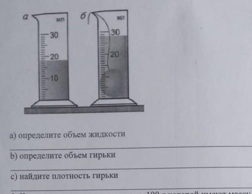 4. на pиcyнках показана гирька, помещенная в мензурку с водой. Масса гирьки 78 г a) определите объем