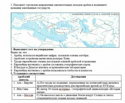 1)Покажите стрелками направления завоевательных походов арабов и подпишите названия завоеванных госу