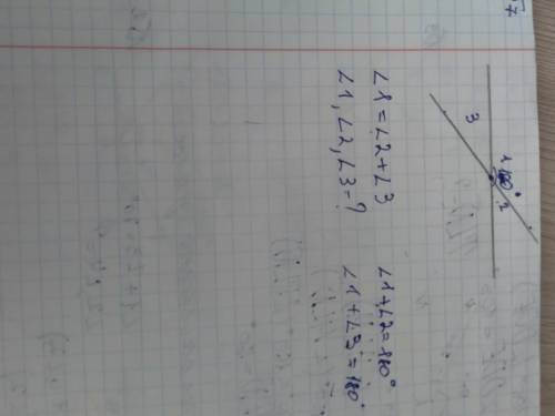 Нарисованы смежные углы! Угол 1=углу2+углу3. надите угол1 угол2 угол3.