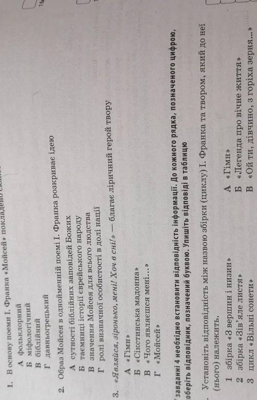 1.В основу поеми І. Франка Мойсей покладено сюжет. А фольклорний Б. Міфологічний В. Біблійний Г. Дав