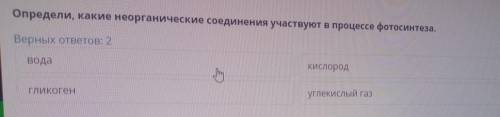 Определи, какие неорганические соединения участвуют в процессе фотосинтеза. Верных ответов: 2 вода К