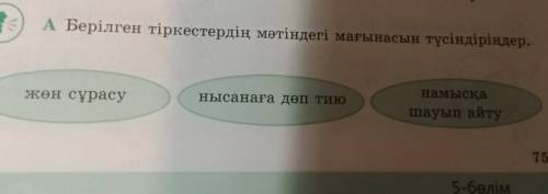 - A Берілген тіркестердің мәтіндегі мағынасын түсіндіріңдер. жөн сұрасу нысанаға дөп тию намыска шау