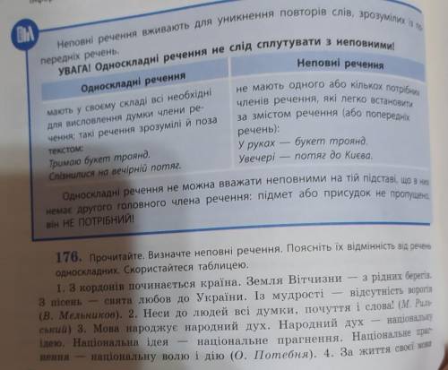 176. Прочитайте. Визначте неповні речення. Поясніть їх відмінність від речень односкладних. Скориста