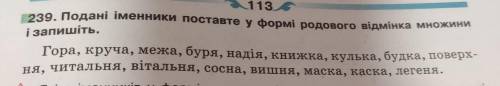 Поставте іменники у формі родового відмінка множини ГораКручаМежаБуряНадіяКнижка Кулька БудкаПоверхн