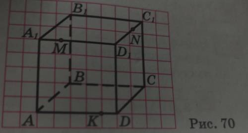 б) Плоскость а проходит через точки M, Nи К. Перенеси рисунок в тетрадь и построй сечение куба плоск