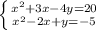 \left \{ {{x^{2}+3x-4y=20} \atop {{x^{2}-2x+y=-5}} \right.