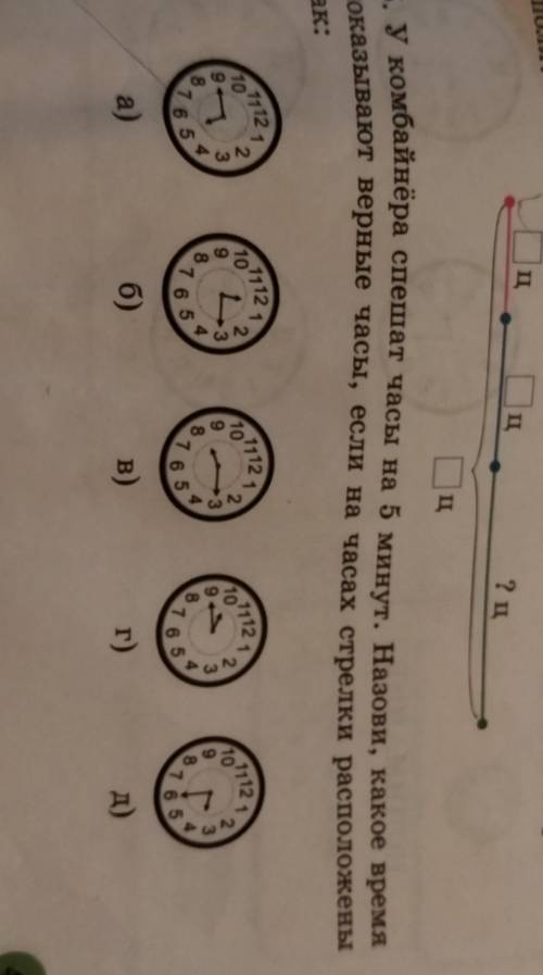 ц 5. У комбайнёра спешат часы на 5 минут. Назови, какое время показывают верные часы, если на часах