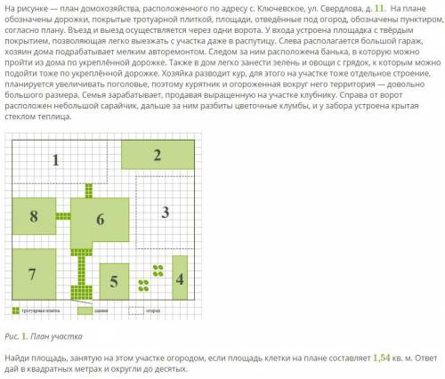 Найди площадь, занятую на этом участке огородом, если площадь клетки на плане составляет 1,54 кв. м.