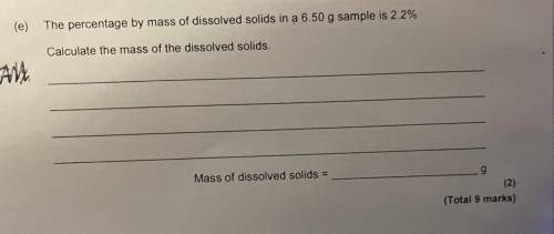 The percentage by mass of dissolved solids in a 6.50 g sample is 2.2% Calculate the mass of the diss