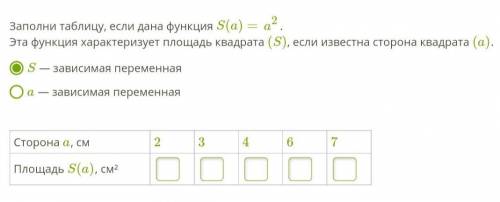 Заполни таблицу, если дана функция S(a)=a2. Эта функция характеризует площадь квадрата (S), если изв