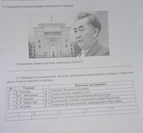 4. Рассмотрите иллюстрацию и выполните задания ВА 1) Назовите главное научное учреждение КазССР 2) П