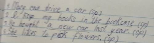 1. Mary can can drive a car (sp) 2 l keep my books in the bookcase (5) 3. He bought a new car last y