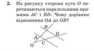 На рисунку сторони кута О перетинаються паралельними прямими AC i BD. Чому дорівнює відношення ОА до