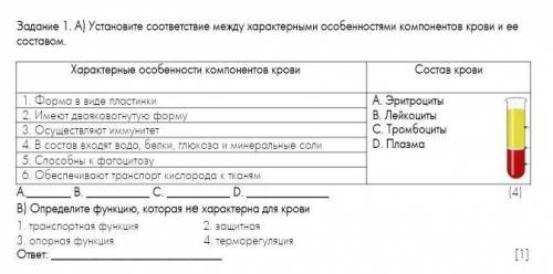 Задание 1. А) Установите соответствие между характерными особенностями компонентов крови и ее состав