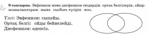 9-тапсырма. Эвфемизм және дисфемизм сездердiн ортак белгiлерiн, айыр машылықтарын мына сызбага тусiр