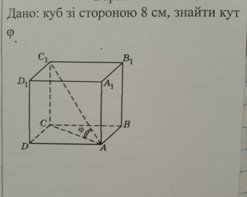 Дано: куб зі стороною 8 см, знайти кут гама