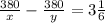 \frac{380}{x} -\frac{380}{y} =3\frac{1}{6}