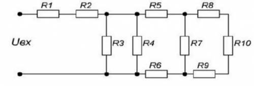 Найти струм і напругу кожного резистора U = 20 B R1= 4R2 = 2R3 = 2R4 = 4R5 = 5 R6 = 3R7 = 1R8 = 3R9=