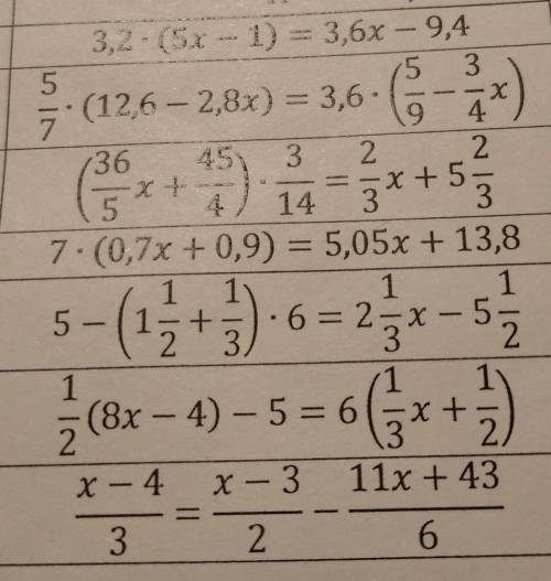 3,2*(5x-1)=3,6x-9, 5/7 * (12, 6 - 2, 8x) = 3,6×(5/9 - 3/4 * x) (36/5 * x + 45/4) * 3/14 = 2/3 * x +