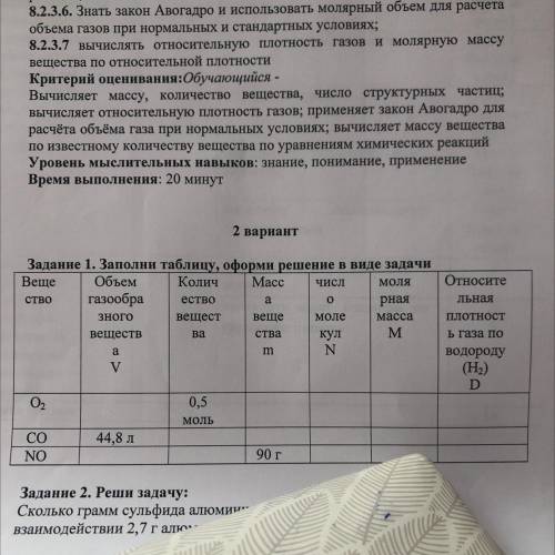 2 вариант о Задание 1. Заполни таблицу, оформи решение в виде задачи Веще Объем Колич Macc числ моля