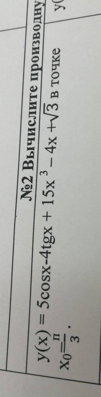 Вычислите производную функции в точкеy(x) = 5cosx-4tgx + 15x^3 -4x + √3в точке x0 = π/3