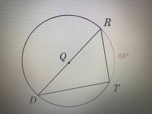 В окружность с центром Q вписан треугольник DRT. Найдите угол R
