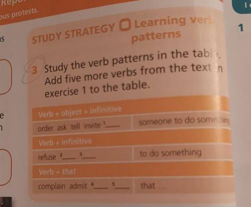 STUDY STRATEGY Learning V patterns 3 Study the verb patterns in the tale Add five more verbs from th