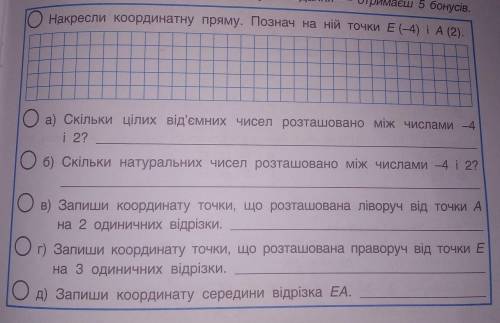 Накресли координатну пряму. Познач на ній точки E (4) iA (2). а) Скільки цілих від'ємних чисел розта