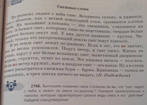 276Б. Выпишите названия снега. Согласны ли вы, что снег падает с неба и лежит на земле по-разному?