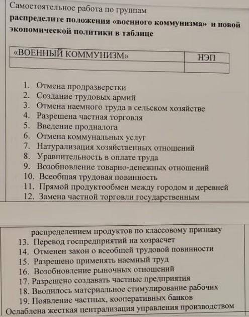 Распределите положение военного коммунизма и новой экономической политики в таблице.