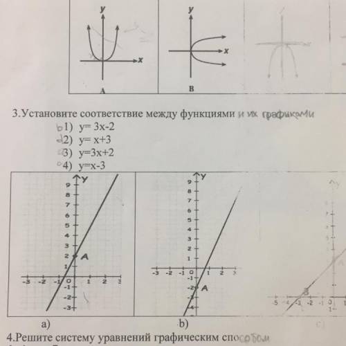 ЗАДАНИЕ 3.Установите соответствие между функциями и их графіками: b1) y=3x-2 2) y=x+3 3) y=3x+2 4) y