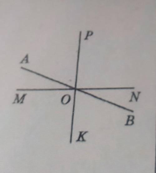 прямі AB, MN і PKперетинаються в точці O, причому MN вертикально PK . Знайдіть кут KOB, якщо кут AOM