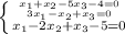 \left \{ {{x_{1}+x_{2}-5x_{3}-4=0 \atop 3x_{1}-x_{2}+x_{3}=0}} \atop {x_{1}-2x_{2}+x_{3}-5=0 }} \right.